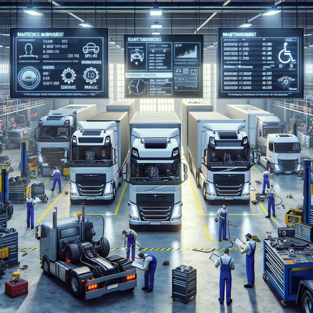 Dall·e 2024 02 15 15.08.42 An Image Showcasing Fleet Management And Maintenance Of Trucks. The Scene Is Set In A Large, Organized Garage With Several Trucks Undergoing Maintenan
