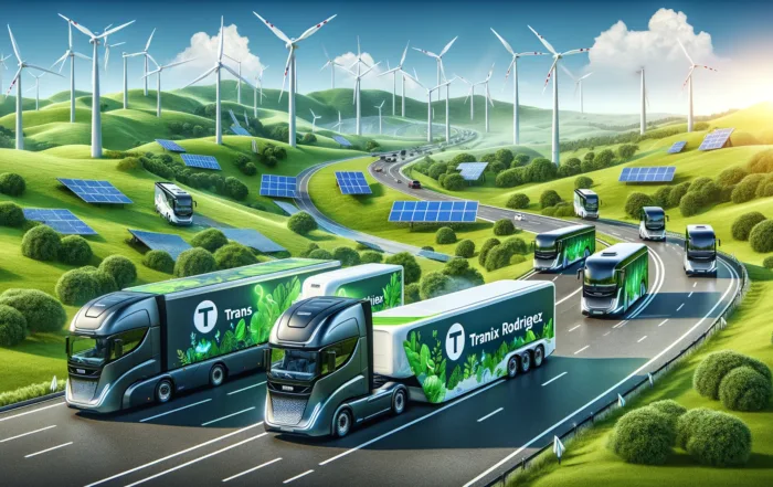 Dall·e 2024 02 15 18.18.34 A Sleek, Modern Fleet Of Electric Trucks And Buses, Adorned With Eco Friendly Designs And The Logo Of Trans Felix Rodriguez, Is Depicted Driving On A