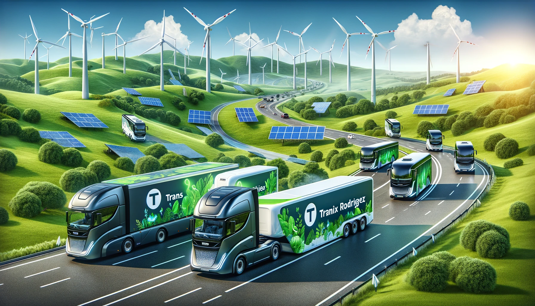 Dall·e 2024 02 15 18.18.34 A Sleek, Modern Fleet Of Electric Trucks And Buses, Adorned With Eco Friendly Designs And The Logo Of Trans Felix Rodriguez, Is Depicted Driving On A