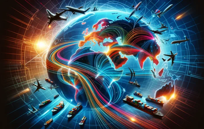 Dall·e 2024 02 15 18.19.08 A Dynamic World Map Showcasing The Expansion Of Trans Felix Rodriguez, With Colorful Lines Crisscrossing The Globe To Represent New International Tran