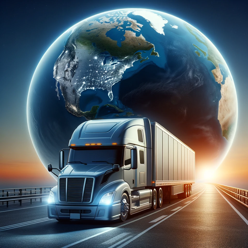 Dall·e 2024 03 25 20.00.10 Create A Highly Photorealistic Image Of A Contemporary Semi Truck On A Highway, With A Realistically Rendered Earth In The Background To Symbolize Glo