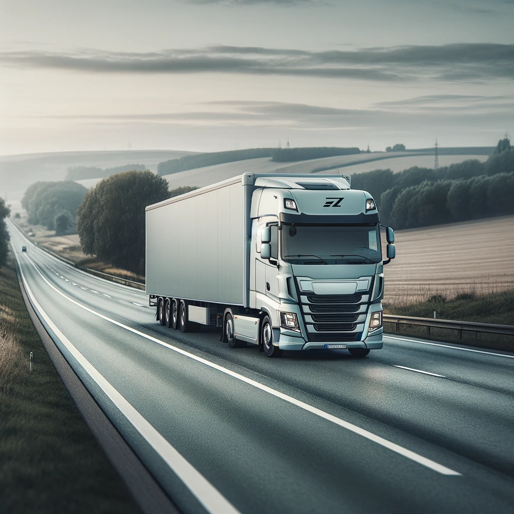 Dall·e 2024 02 15 18.02.53 A Subtle And Professional European Truck Traveling On A Highway, Featuring A More Understated Design. The Truck Is Painted In A Sleek, Single Color Wi